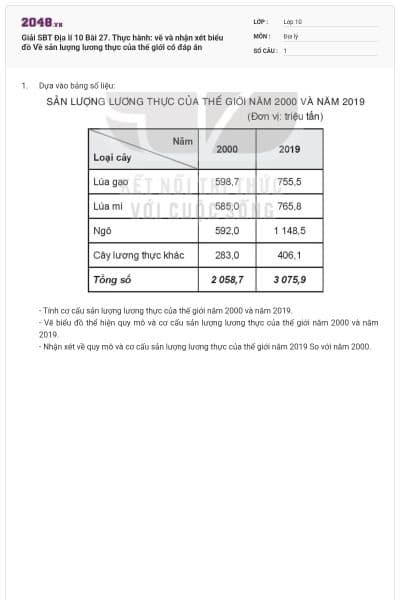 Giải SBT Địa lí 10 Bài 27. Thực hành: vẽ và nhận xét biểu đồ Về sản lượng lương thực của thế giới có đáp án