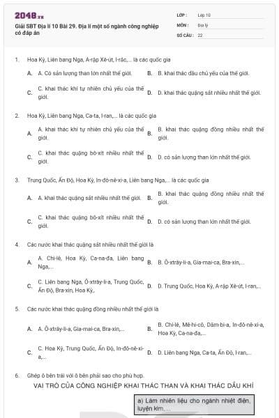 Giải SBT Địa lí 10 Bài 29. Địa lí một số ngành công nghiệp có đáp án