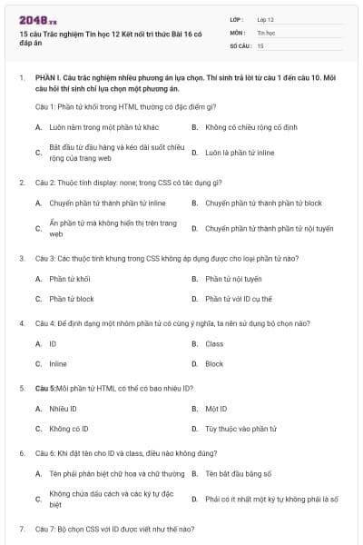 15 câu Trắc nghiệm Tin học 12 Kết nối tri thức Bài 16 có đáp án