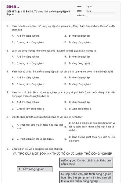Giải SBT Địa lí 10 Bài 30. Tổ chức lãnh thổ công nghiệp có đáp án