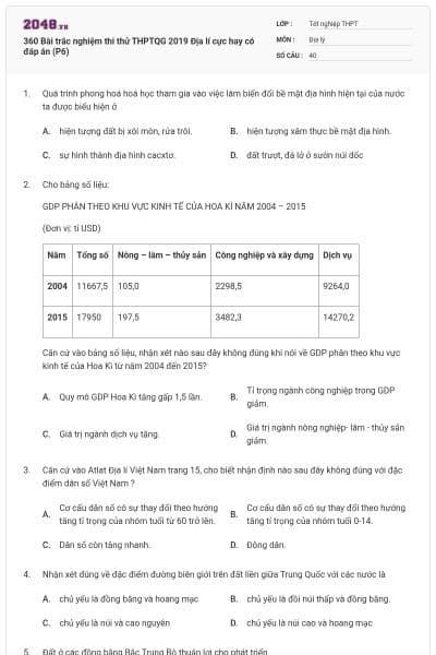 360 Bài trắc nghiệm thi thử THPTQG 2019 Địa lí cực hay có đáp án (P6)