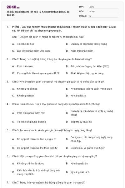 15 câu Trắc nghiệm Tin học 12 Kết nối tri thức Bài 20 có đáp án