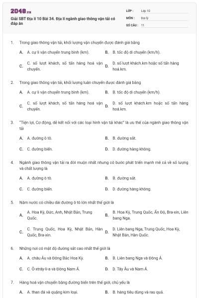 Giải SBT Địa lí 10 Bài 34. Địa lí ngành giao thông vận tải có đáp án