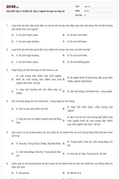 Giải SBT Địa lí 10 Bài 36. Địa lí ngành du lịch có đáp án