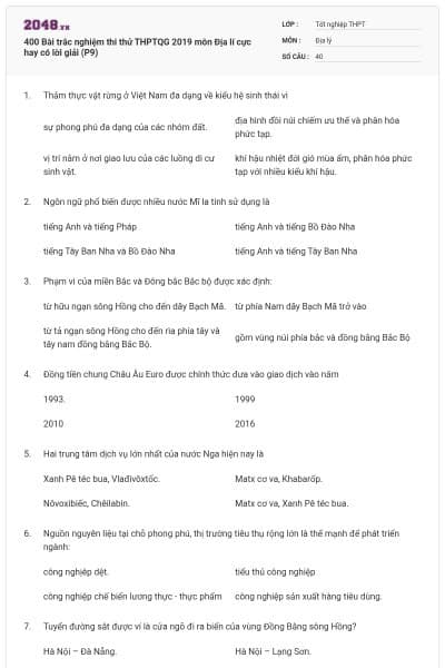 400 Bài trắc nghiệm thi thử THPTQG 2019 môn Địa lí cực hay có lời giải (P9)
