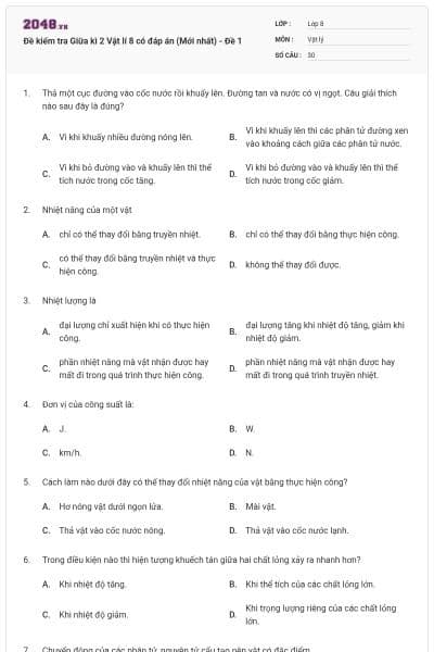 Đề kiểm tra Giữa kì 2 Vật lí 8 có đáp án (Mới nhất) - Đề 1
