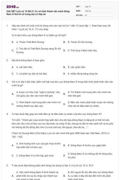 Giải SBT Lịch sử 10 Bài 9: Cơ sở hình thành văn minh Đông Nam Á thời kì cổ trung đại có đáp án