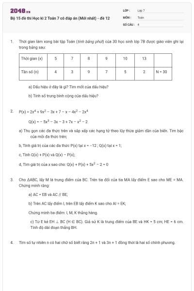 Bộ 15 đề thi Học kì 2 Toán 7 có đáp án (Mới nhất) - đề 12