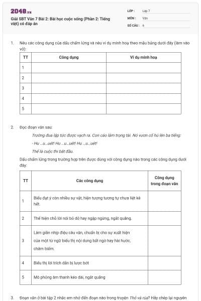 Giải SBT Văn 7 Bài 2: Bài học cuộc sống (Phần 2: Tiếng việt) có đáp án