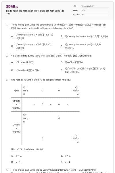 Bộ đề minh họa môn Toán THPT Quốc gia năm 2022 (đề 16)