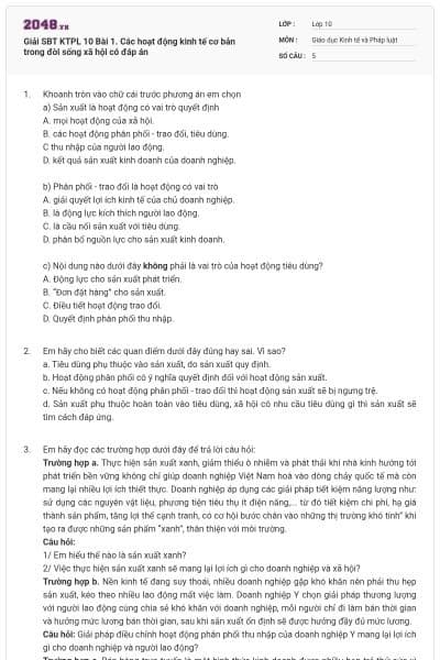 Giải SBT KTPL 10 Bài 1. Các hoạt động kinh tế cơ bản trong đời sống xã hội có đáp án