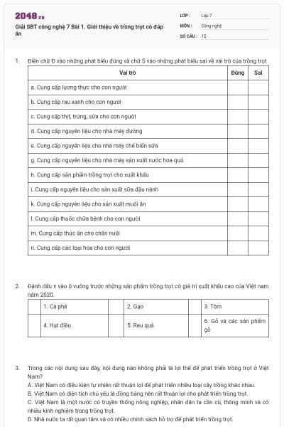 Giải SBT công nghệ 7 Bài 1. Giới thiệu về trồng trọt có đáp án