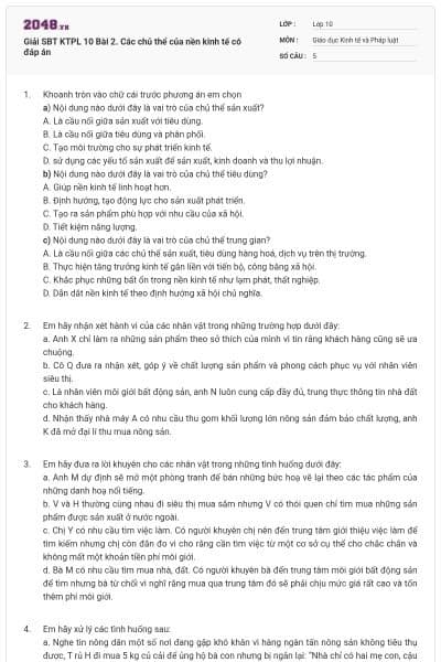 Giải SBT KTPL 10 Bài 2. Các chủ thể của nền kinh tế có đáp án