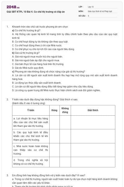 Giải SBT KTPL 10 Bài 4. Cơ chế thị trường có đáp án