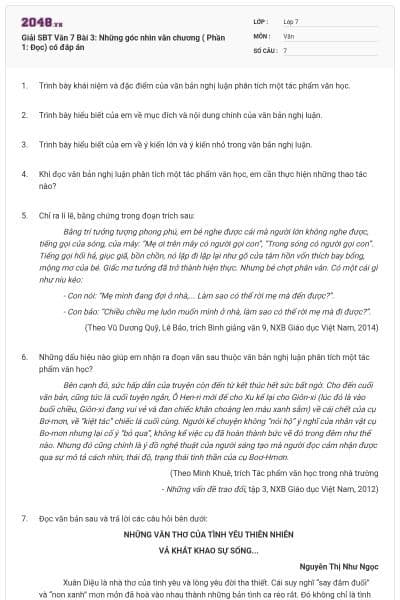 Giải SBT Văn 7 Bài 3: Những góc nhìn văn chương ( Phần 1: Đọc) có đáp án