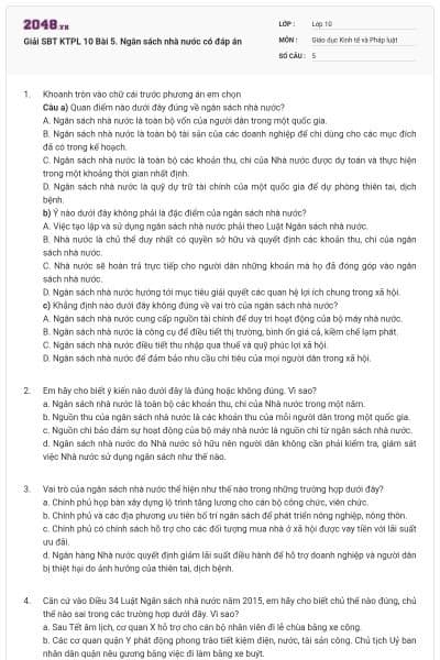 Giải SBT KTPL 10 Bài 5. Ngân sách nhà nước có đáp án