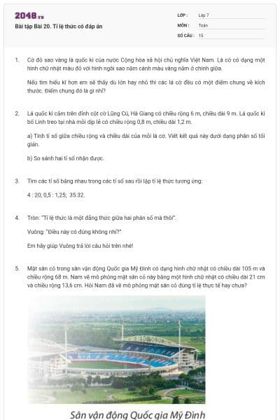 Bài tập Bài 20. Tỉ lệ thức có đáp án