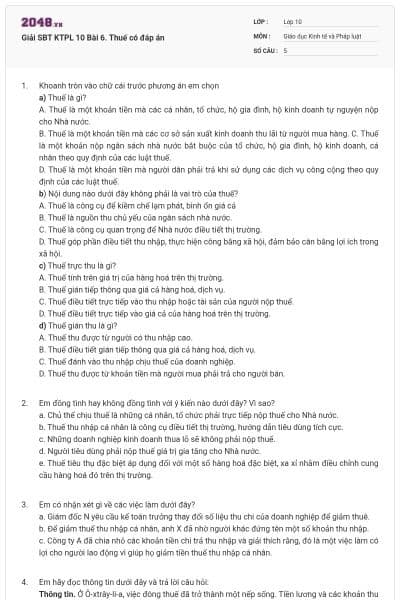 Giải SBT KTPL 10 Bài 6. Thuế có đáp án