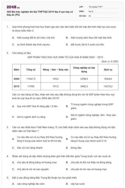 360 Bài trắc nghiệm thi thử THPTQG 2019 Địa lí cực hay có đáp án (P6)