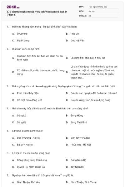 370 câu trắc nghiệm Địa lý du lịch Việt Nam có đáp án (Phần 5)