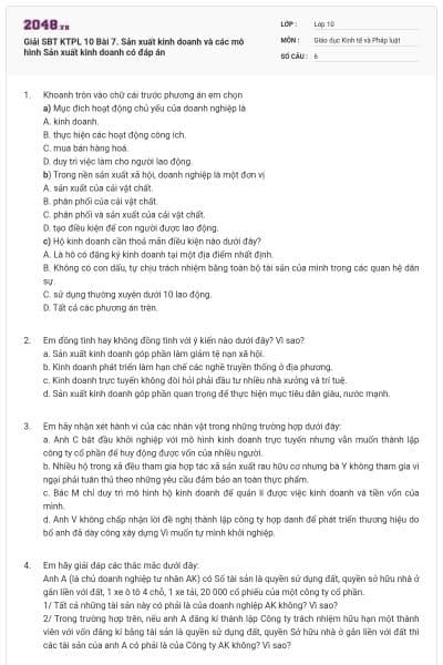Giải SBT KTPL 10 Bài 7. Sản xuất kinh doanh và các mô hình Sản xuất kinh doanh có đáp án