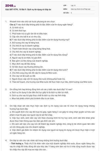 Giải SBT KTPL 10 Bài 9. Dịch vụ tín dụng có đáp án