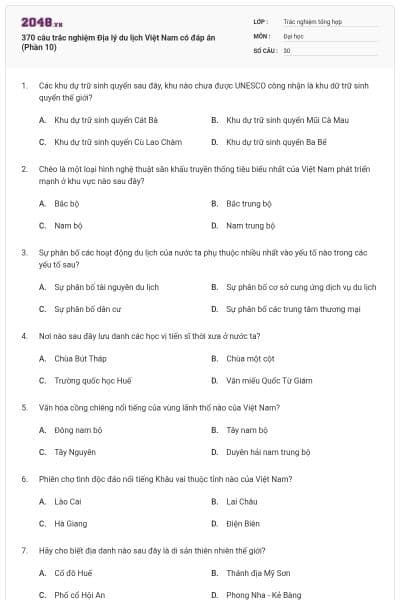 370 câu trắc nghiệm Địa lý du lịch Việt Nam có đáp án (Phần 10)