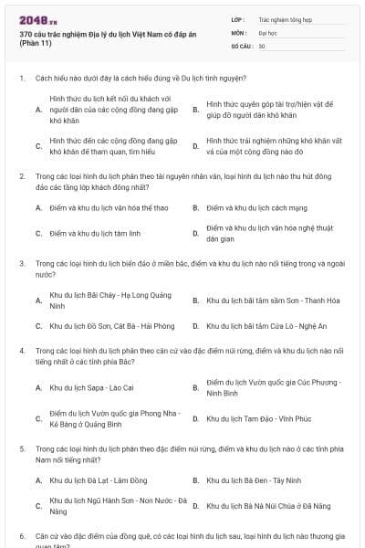 370 câu trắc nghiệm Địa lý du lịch Việt Nam có đáp án (Phần 11)
