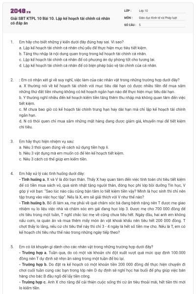 Giải SBT KTPL 10 Bài 10. Lập kế hoạch tài chính cá nhân có đáp án