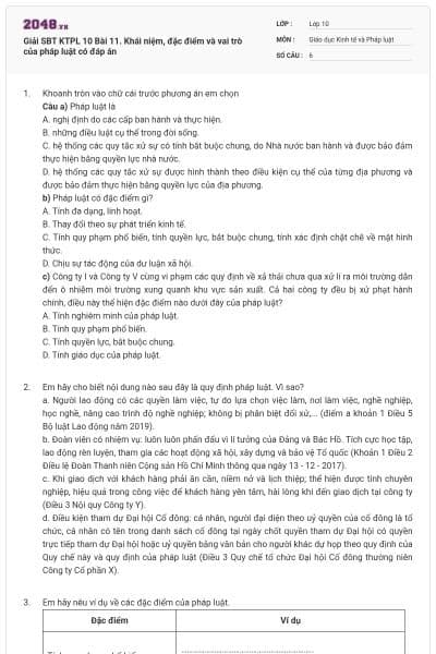 Giải SBT KTPL 10 Bài 11. Khái niệm, đặc điểm và vai trò của pháp luật có đáp án