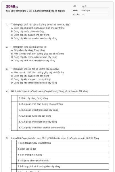 Giải SBT công nghệ 7 Bài 2. Làm đất trồng cây có đáp án