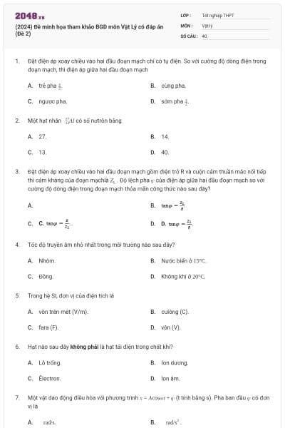 (2024) Đề minh họa tham khảo BGD môn Vật Lý có đáp án (Đề 2)