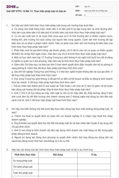 Giải SBT KTPL 10 Bài 13. Thực hiện pháp luật có đáp án