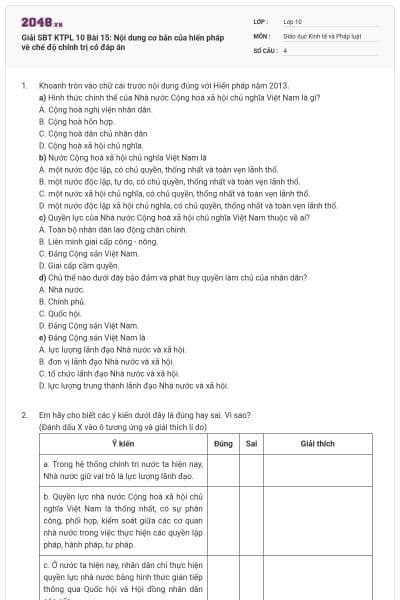 Giải SBT KTPL 10 Bài 15: Nội dung cơ bản của hiến pháp về chế độ chính trị có đáp án