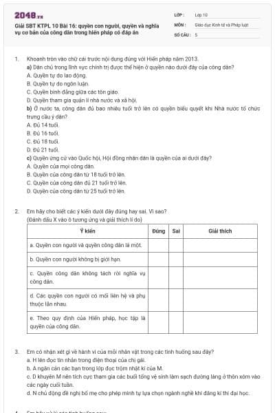 Giải SBT KTPL 10 Bài 16: quyền con người, quyền và nghĩa vụ cơ bản của công dân trong hiến pháp có đáp án