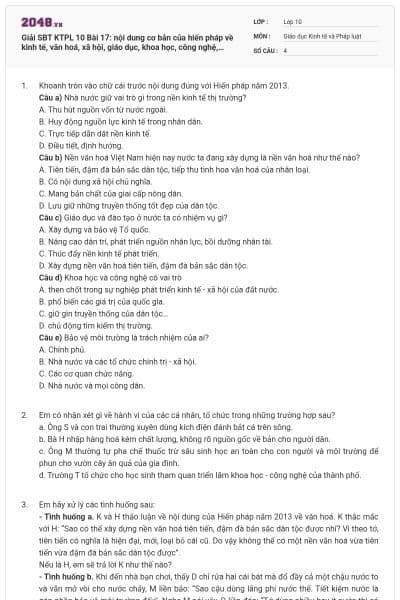 Giải SBT KTPL 10 Bài 17: nội dung cơ bản của hiến pháp về kinh tế, văn hoá, xã hội, giáo dục, khoa học, công nghệ, môi trường có đáp án