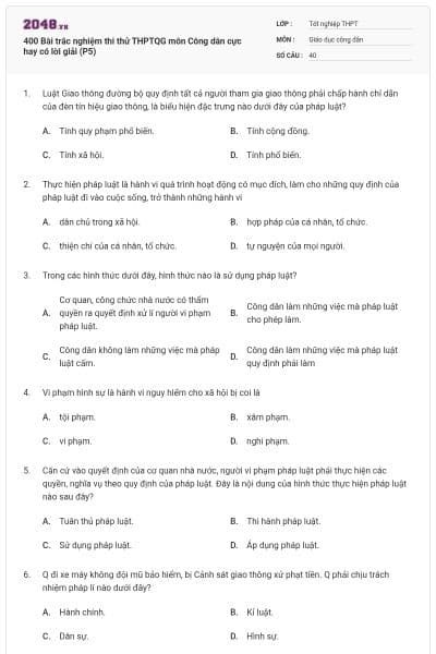 400 Bài trắc nghiệm thi thử THPTQG môn Công dân cực hay có lời giải (P5)