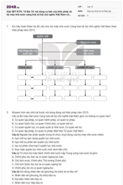 Giải SBT KTPL 10 Bài 18: nội dung cơ bản của hiến pháp về bộ máy nhà nước cộng hoà xã hội chủ nghĩa Việt Nam có đáp án