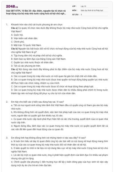 Giải SBT KTPL 10 Bài 20: đặc điểm, nguyên tắc tổ chức và hoạt động của bộ máy nhà nước cộng hoà xã hội chủ nghĩa Việt Nam có đáp án