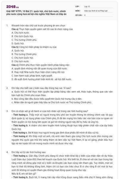 Giải SBT KTPL 10 Bài 21: quốc hội, chủ tịch nước, chính phủ nước cộng hoà xã hội chủ nghĩa Việt Nam có đáp án