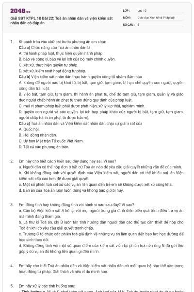 Giải SBT KTPL 10 Bài 22: Toà án nhân dân và viện kiểm sát nhân dân có đáp án