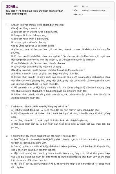 Giải SBT KTPL 10 Bài 23: Hội đồng nhân dân và uỷ ban nhân dân có đáp án