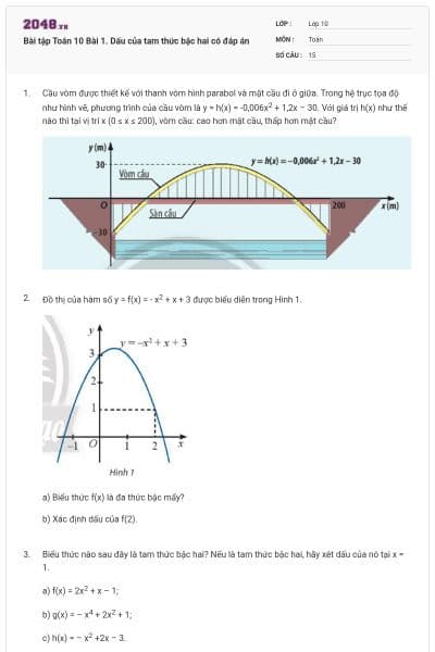 Bài tập Toán 10 Bài 1. Dấu của tam thức bậc hai có đáp án