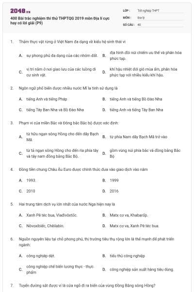 400 Bài trắc nghiệm thi thử THPTQG 2019 môn Địa lí cực hay có lời giải (P9)