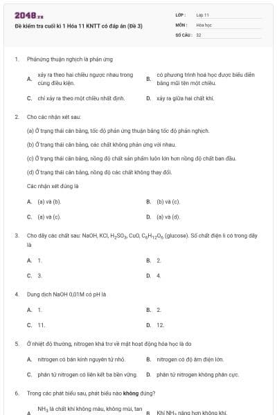 Đề kiểm tra cuối kì 1 Hóa 11 KNTT có đáp án (Đề 3)