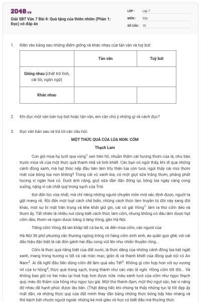 Giải SBT Văn 7 Bài 4: Quà tặng của thiên nhiên (Phần 1: Đọc) có đáp án