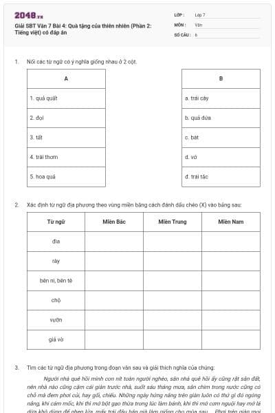 Giải SBT Văn 7 Bài 4: Quà tặng của thiên nhiên (Phần 2: Tiếng việt) có đáp án