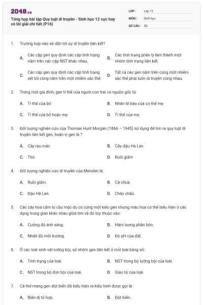 Tổng hợp bài tập Quy luật di truyền - Sinh học 12 cực hay có lời giải chi tiết (P16)
