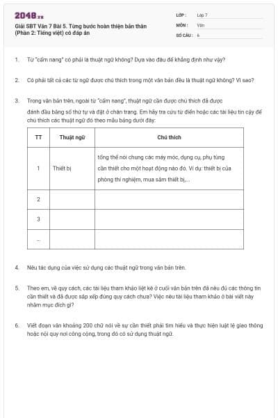 Giải SBT Văn 7 Bài 5. Từng bước hoàn thiện bản thân (Phần 2: Tiếng việt) có đáp án