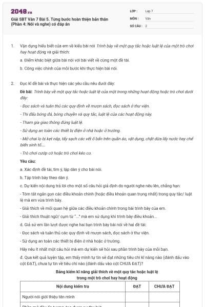 Giải SBT Văn 7 Bài 5. Từng bước hoàn thiện bản thân (Phần 4: Nói và nghe) có đáp án